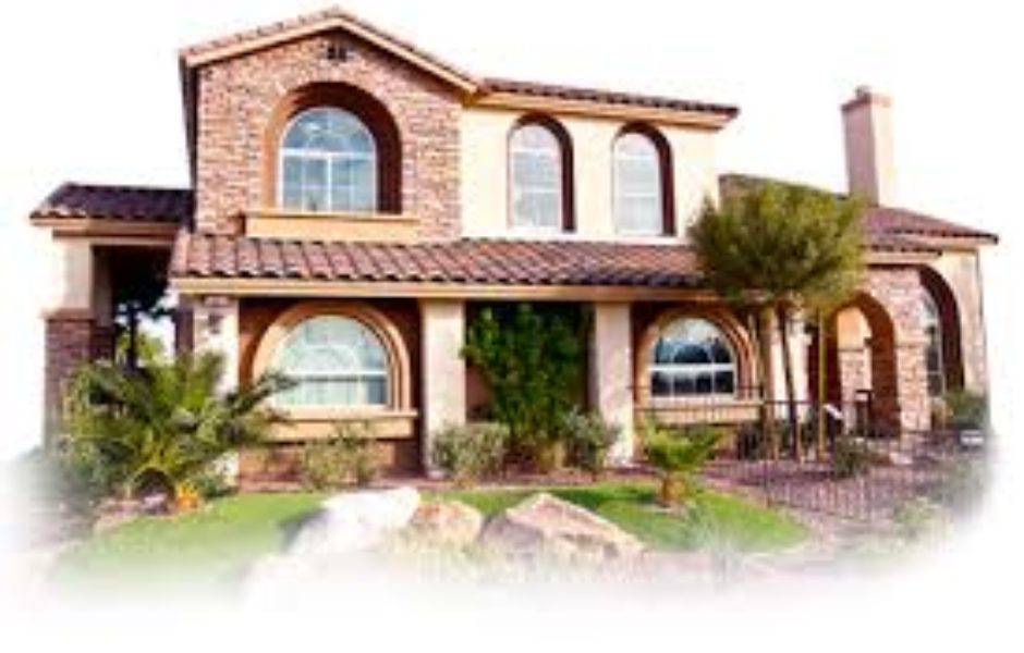 A house with two windows and a large lawn.