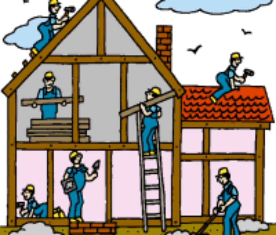 A group of people working on the roof of a house.