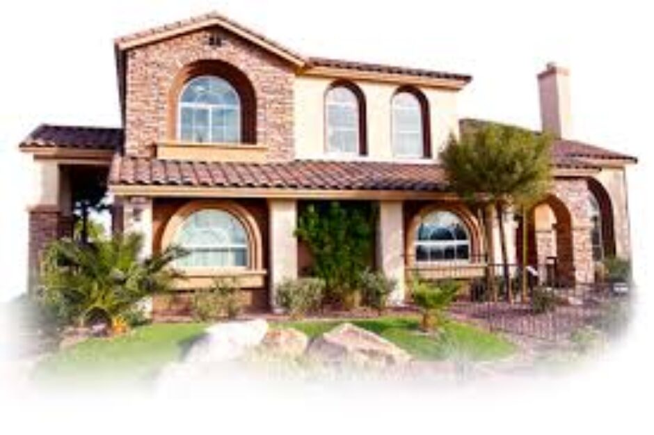 A house with two windows and a large lawn.