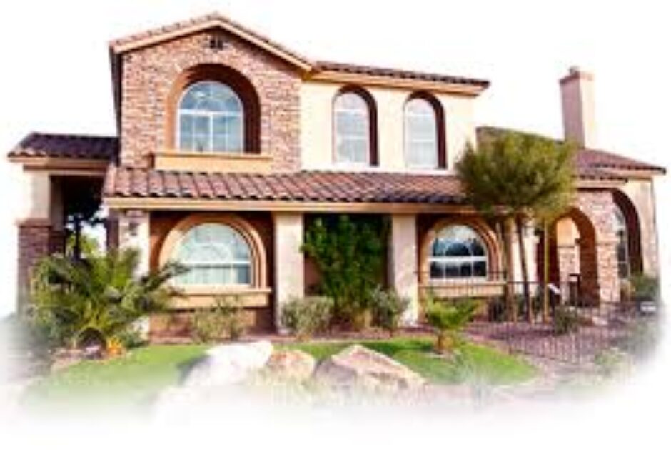 A house with two windows and a large lawn.