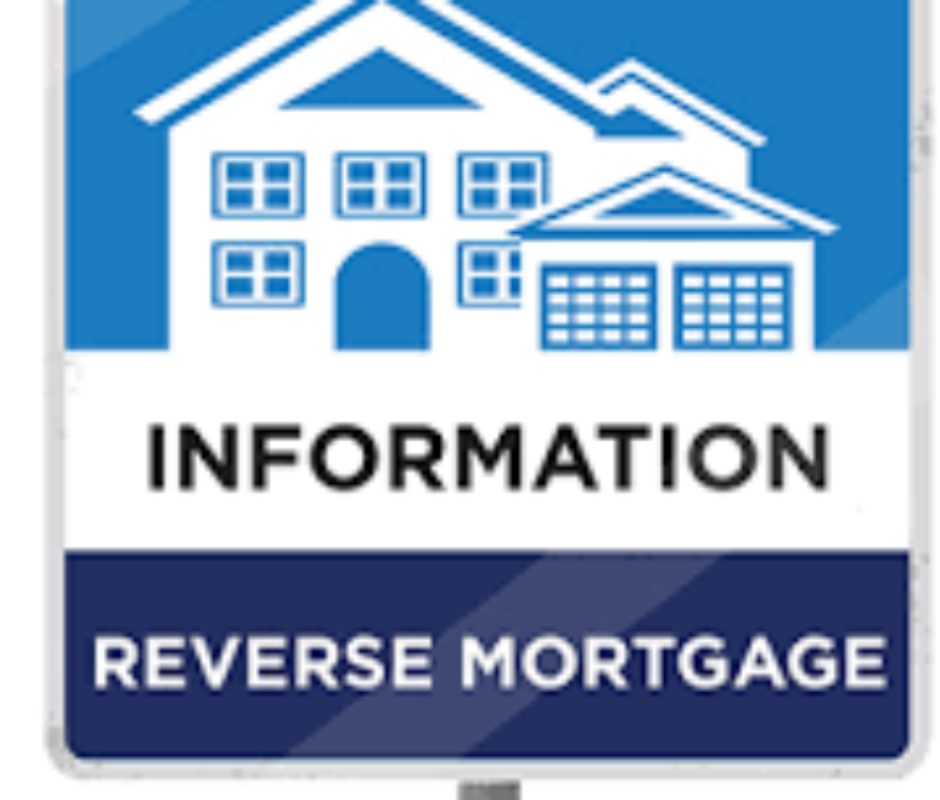 A blue and white sign with the words information reverse mortgage.