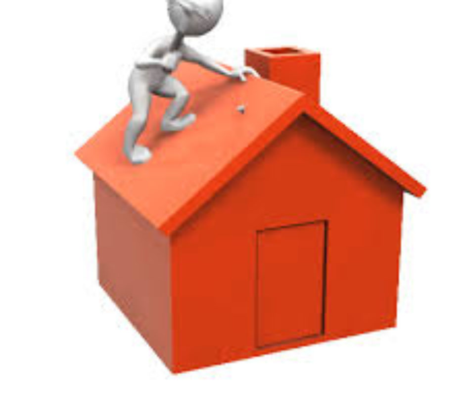 A person is climbing on top of a red house.