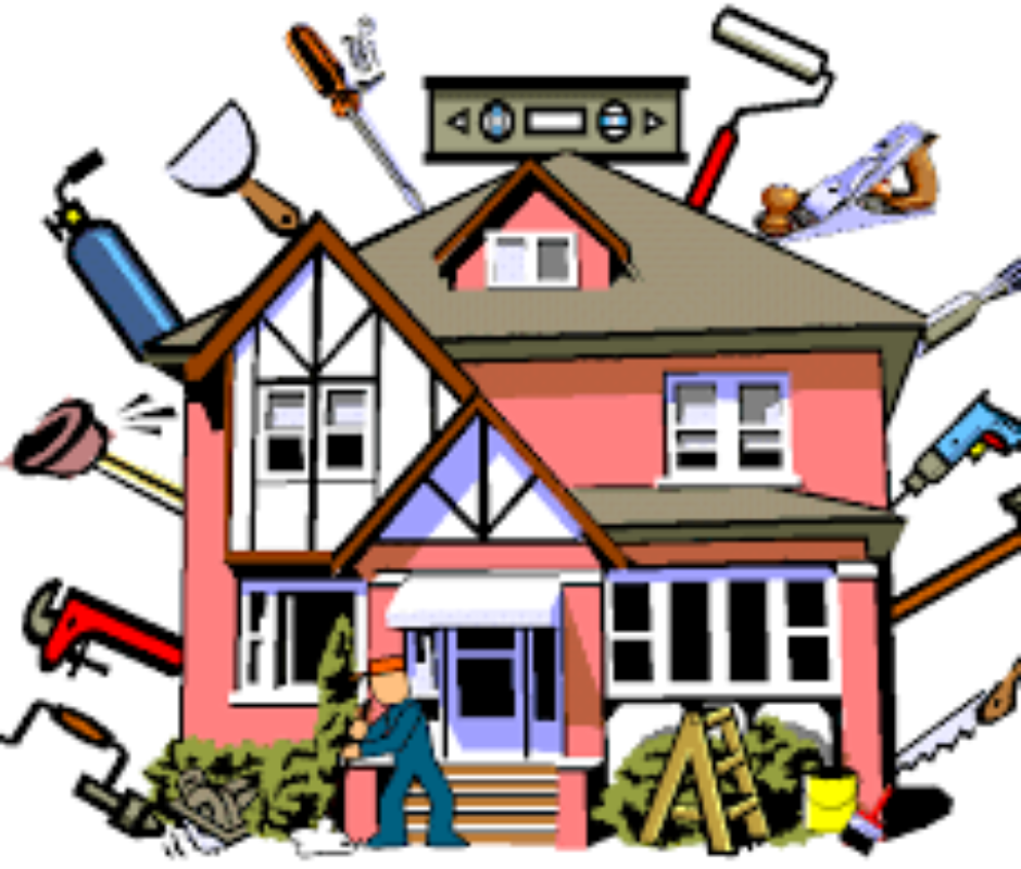 A cartoon of a house with many tools around it