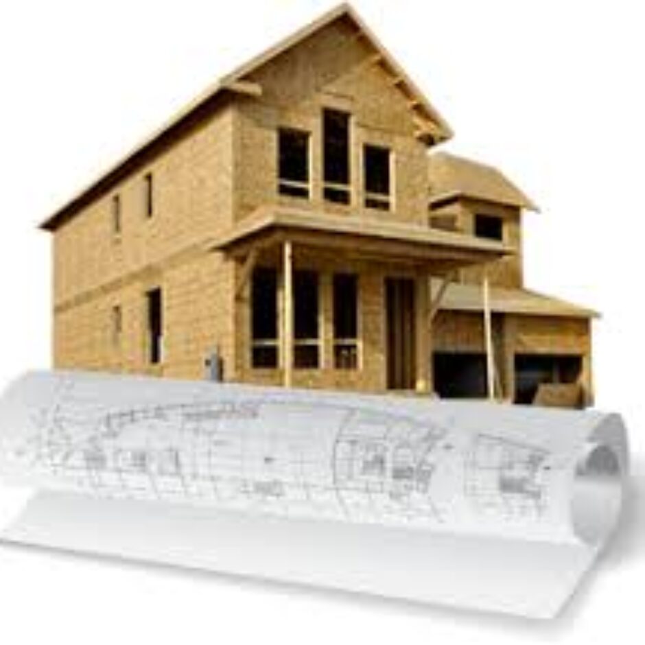 A house with plans and construction drawings on top of it.