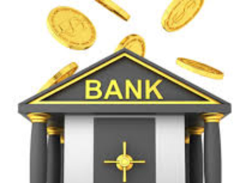 A bank building with gold coins falling from the roof.