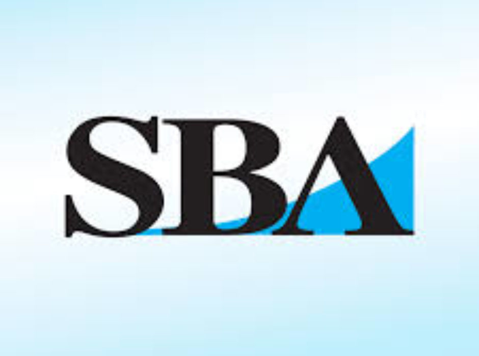 A blue and white logo of sba