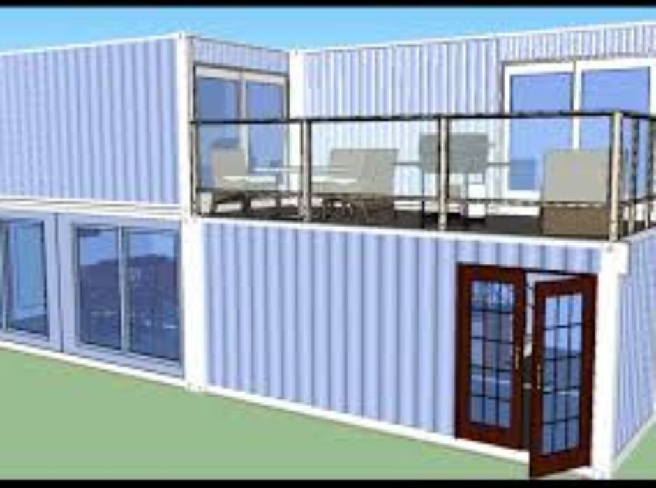 A 3 d rendering of the exterior of a shipping container home.