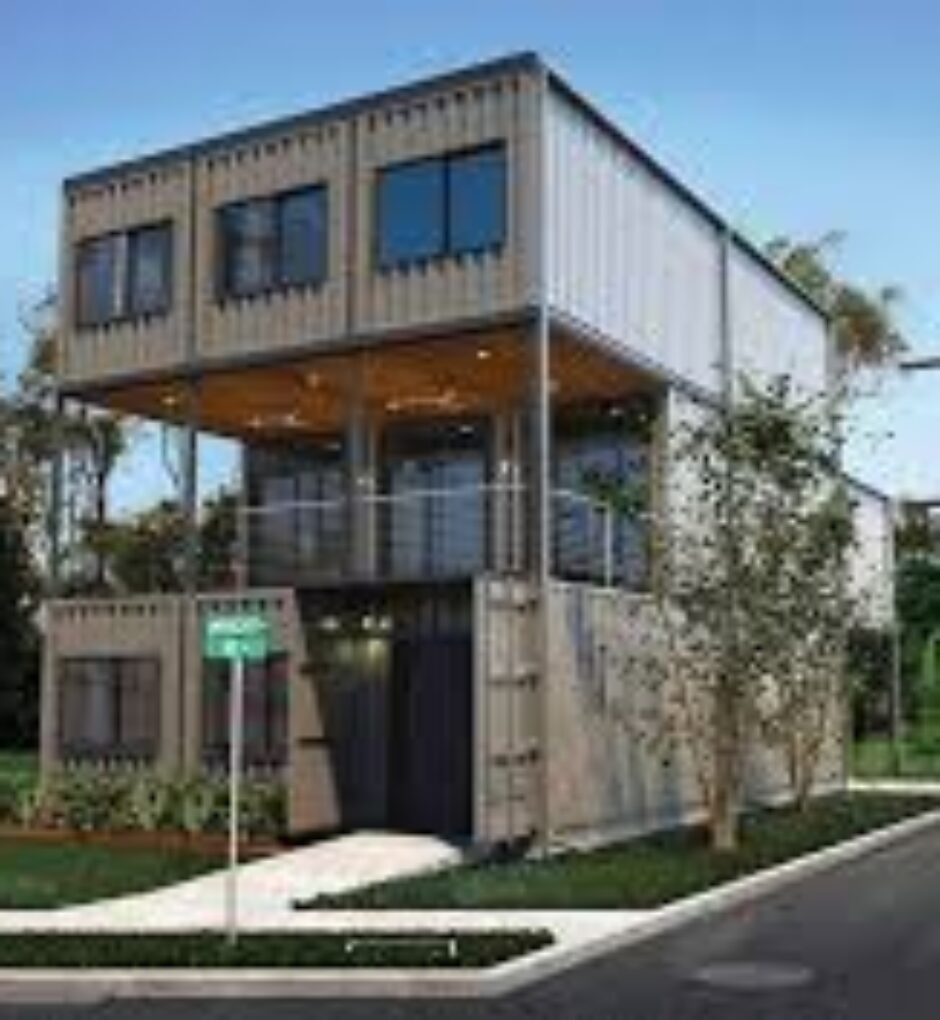 A large house made out of shipping containers.