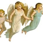 Three angels are flying in a row and one is holding something.