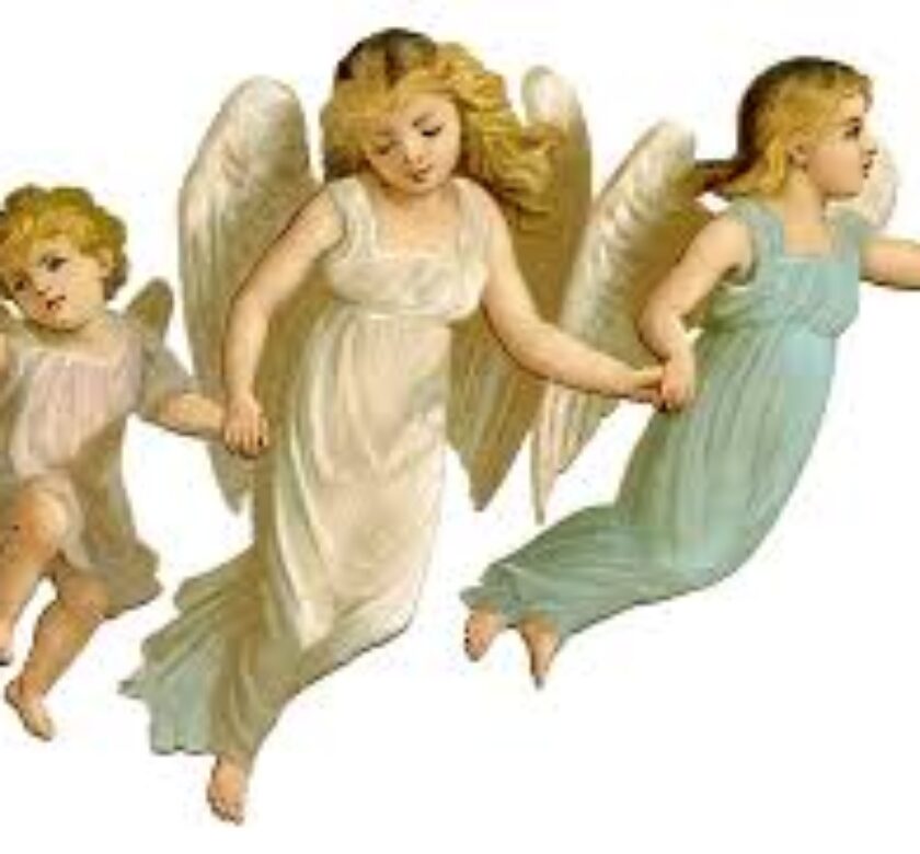 Three angels are flying in a row and one is holding something.