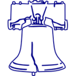 A drawing of the liberty bell in blue ink.