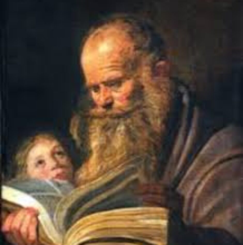 A painting of an old man holding a baby