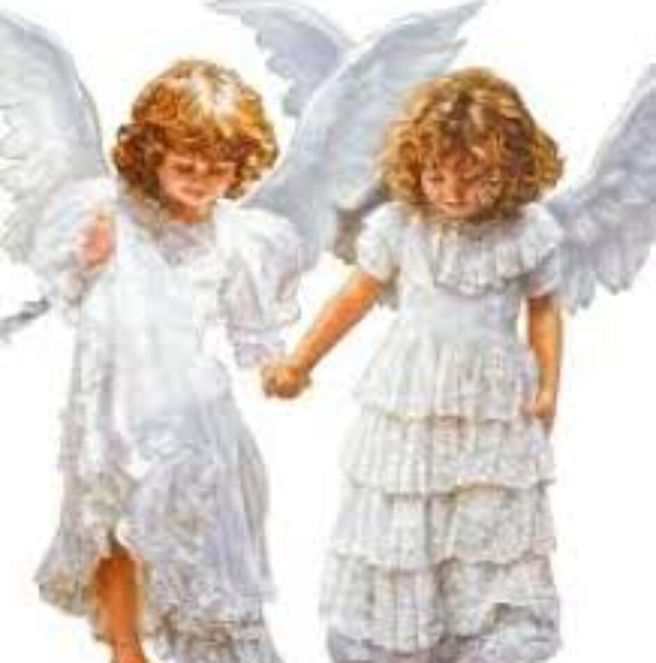 Two angels holding hands and one is wearing a white dress