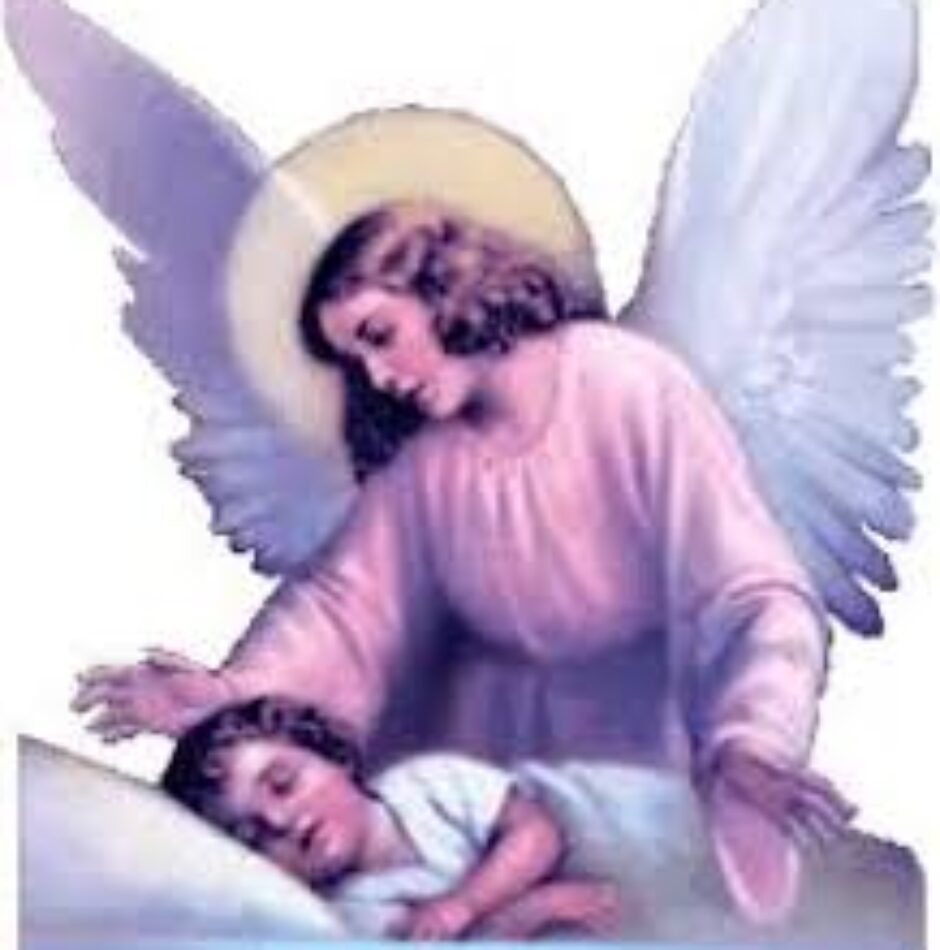 A painting of an angel with a baby.