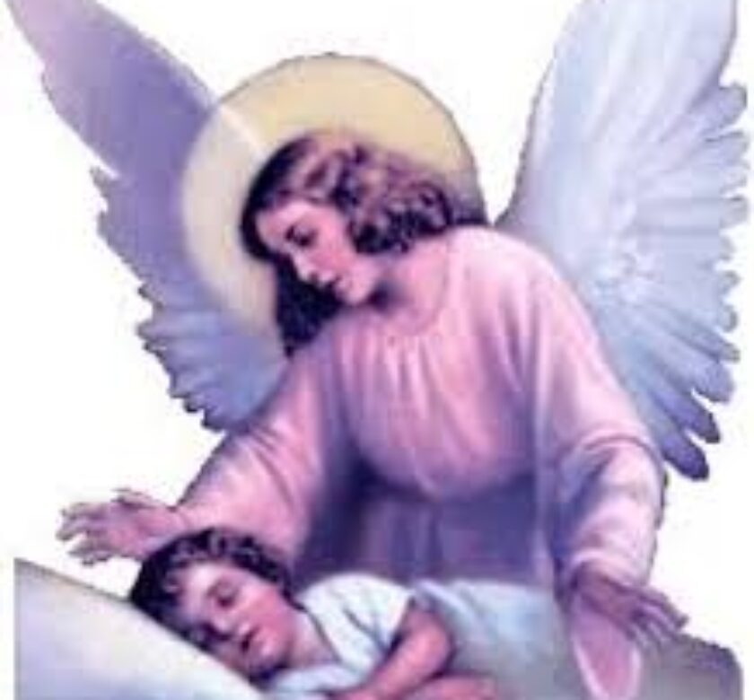 A painting of an angel with a baby.