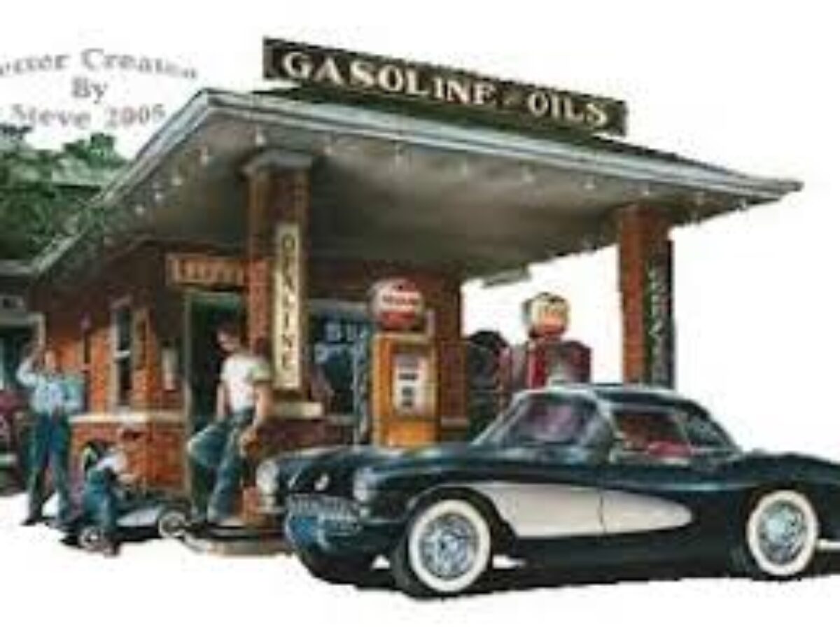 A painting of an old gas station with a car parked in front.