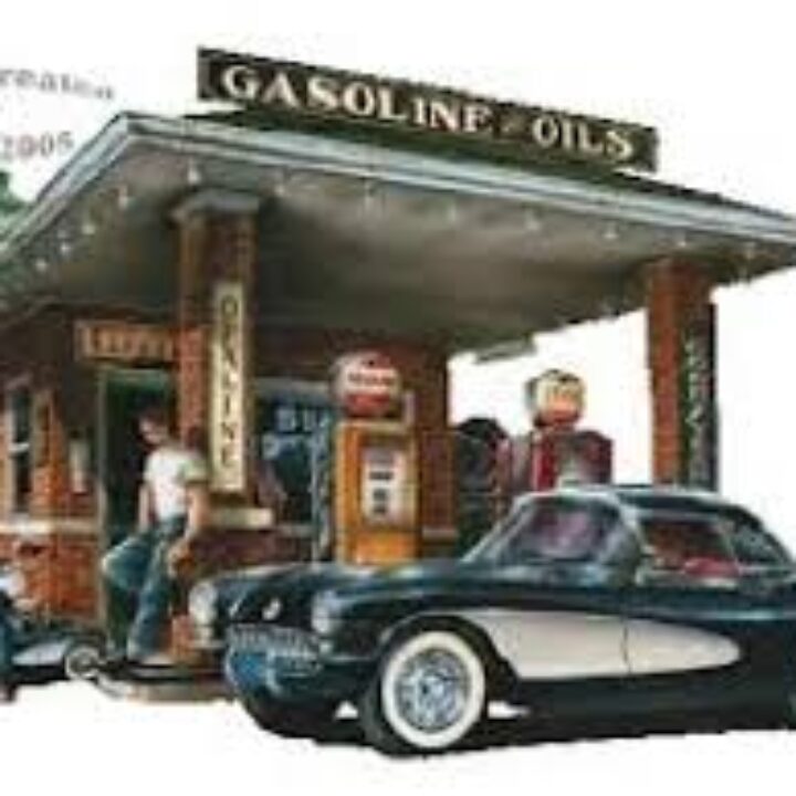 A painting of an old gas station with a car parked in front.