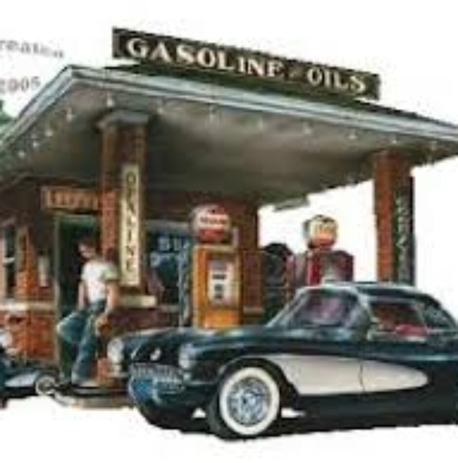 A painting of an old gas station with a car parked in front.