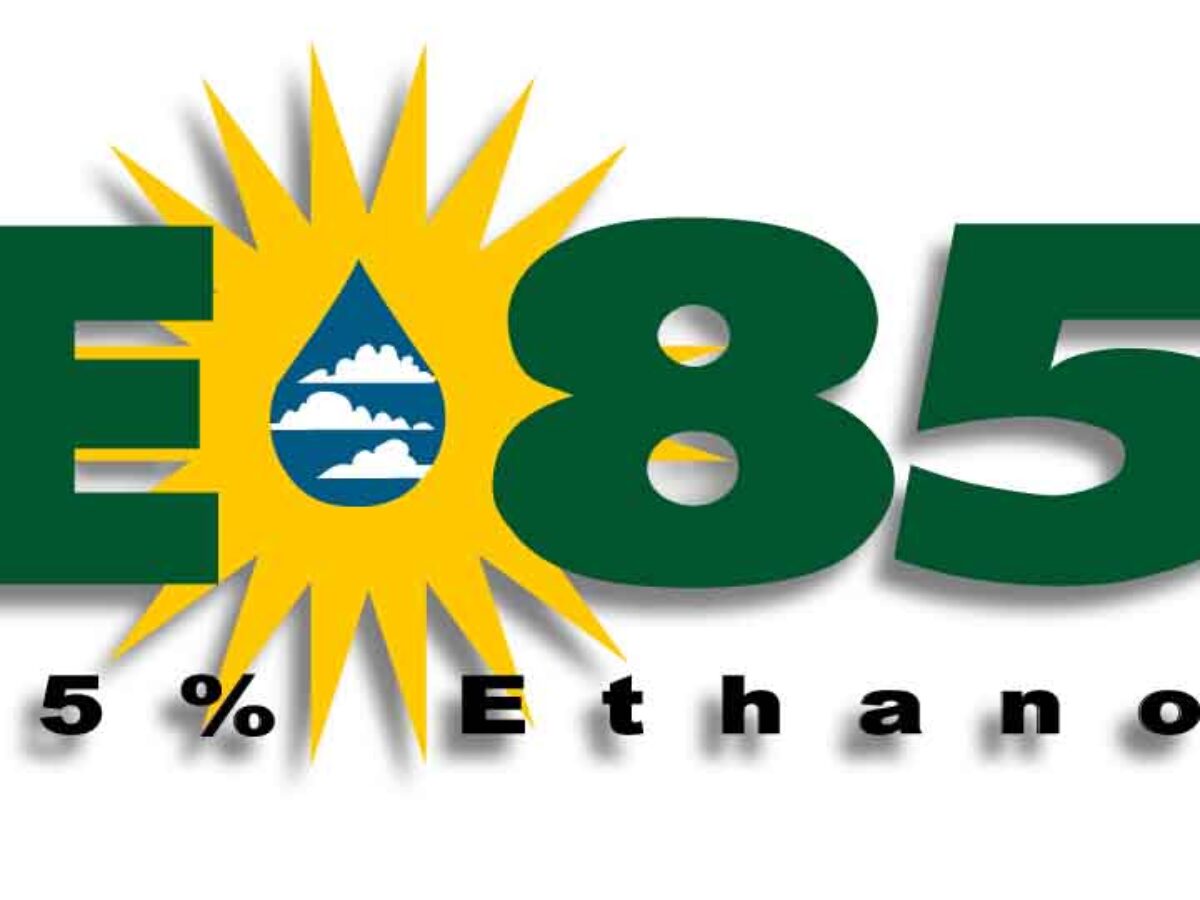 A green and yellow logo for e 8 5 ethanol.