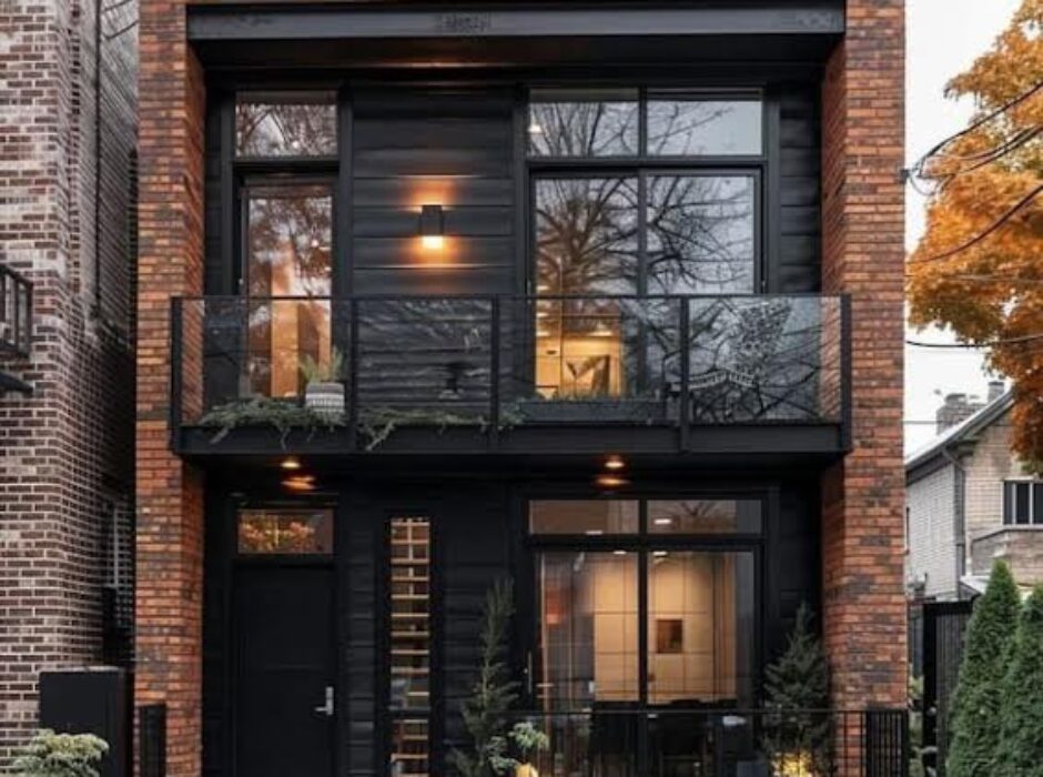 A brick house with black trim and windows.