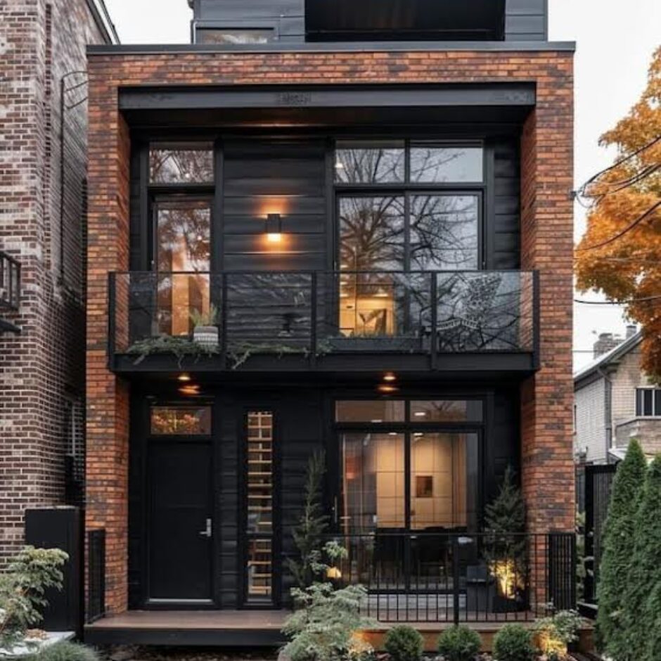 A brick house with black trim and windows.