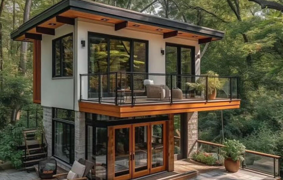 A house with a deck and patio in the middle of it