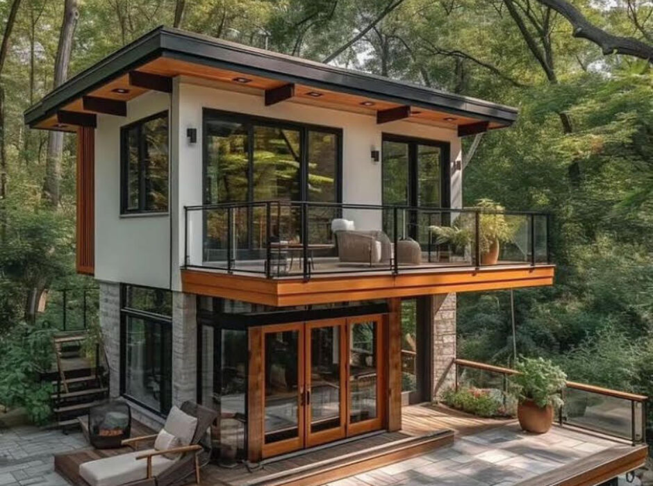 A house with a deck and patio in the middle of it