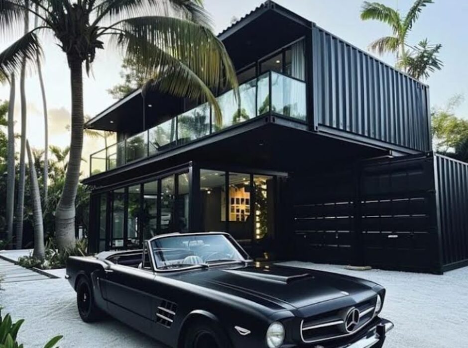 A black car parked in front of a house.