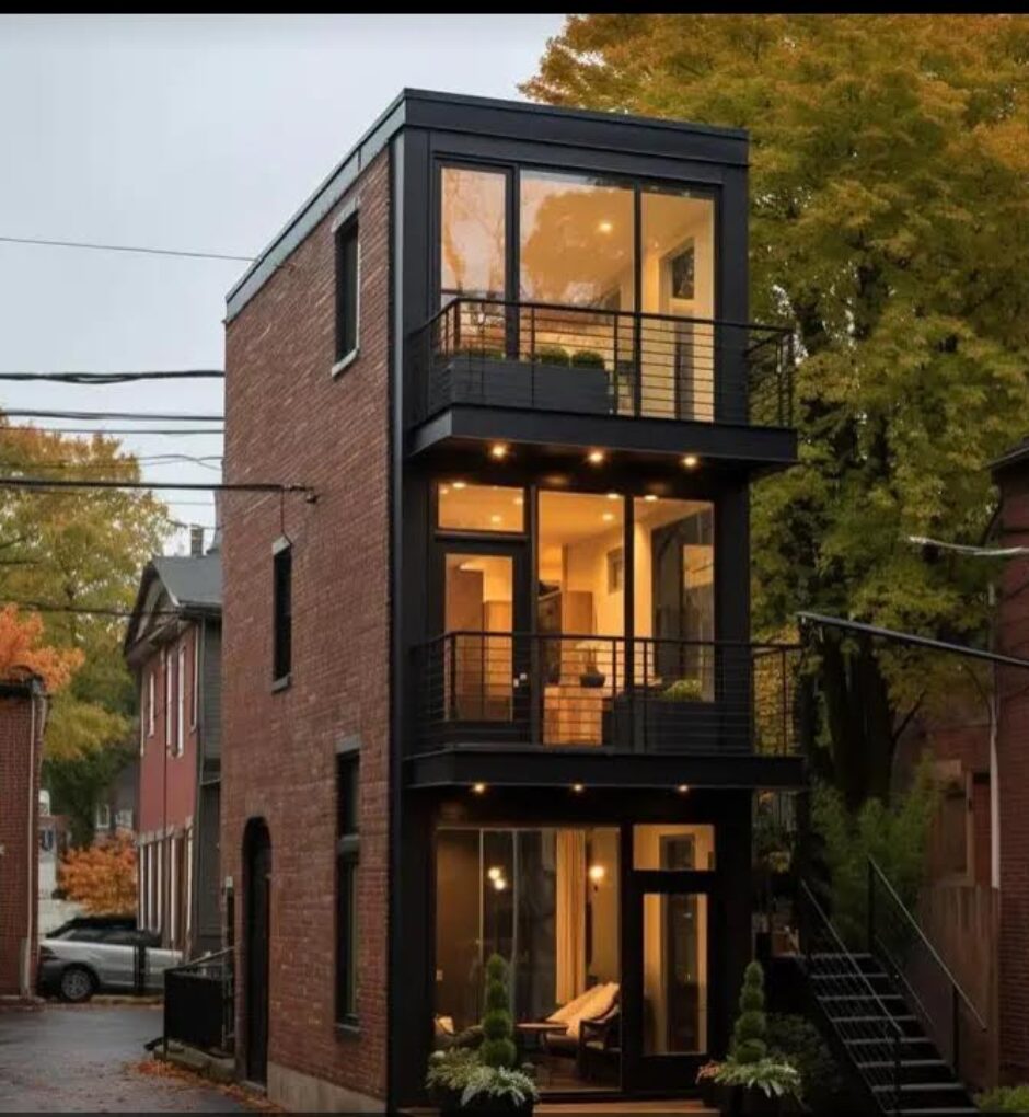 A black and red building with stairs going up the side