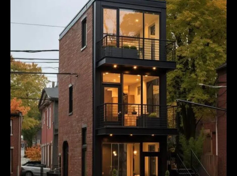 A black and red building with stairs going up the side