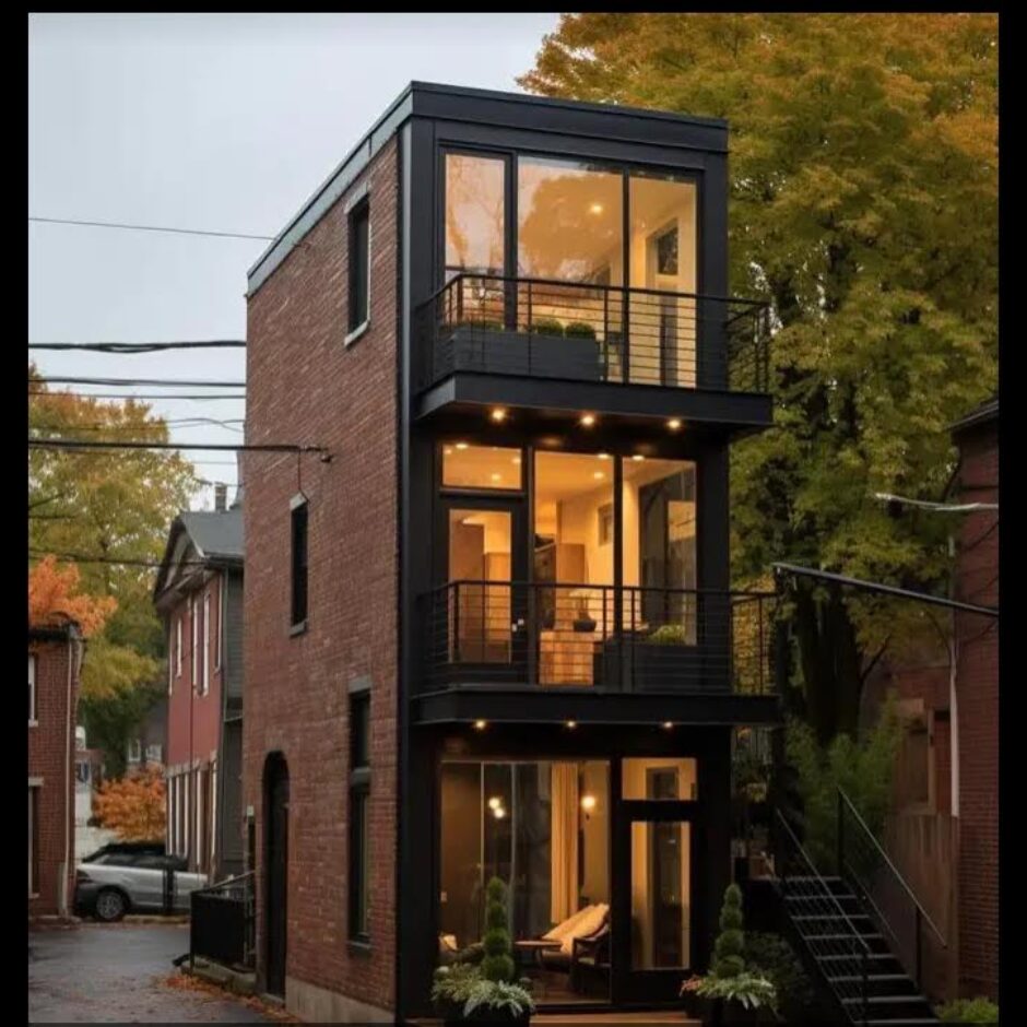 A black and red building with stairs going up the side