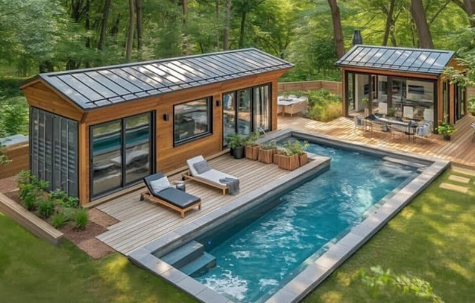 A rendering of an outdoor pool and cabana.