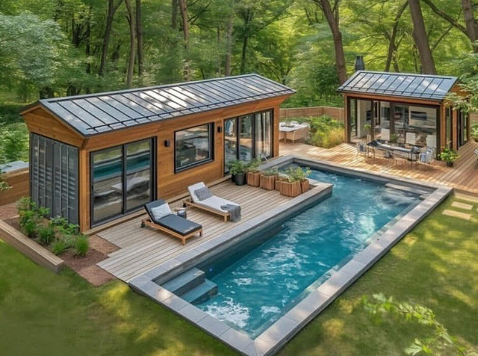 A rendering of an outdoor pool and cabana.