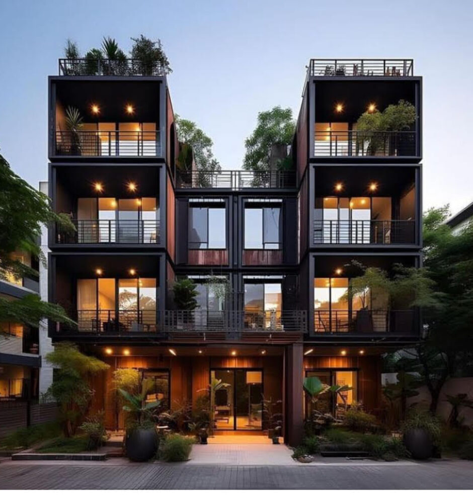 A building that has many windows and balconies.