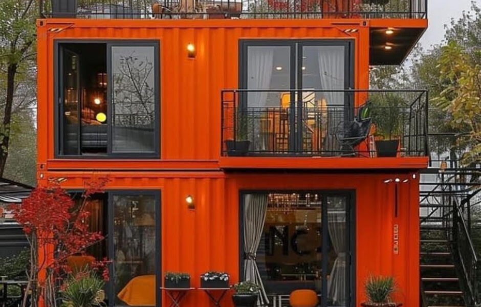 A red container house with two levels and balcony.