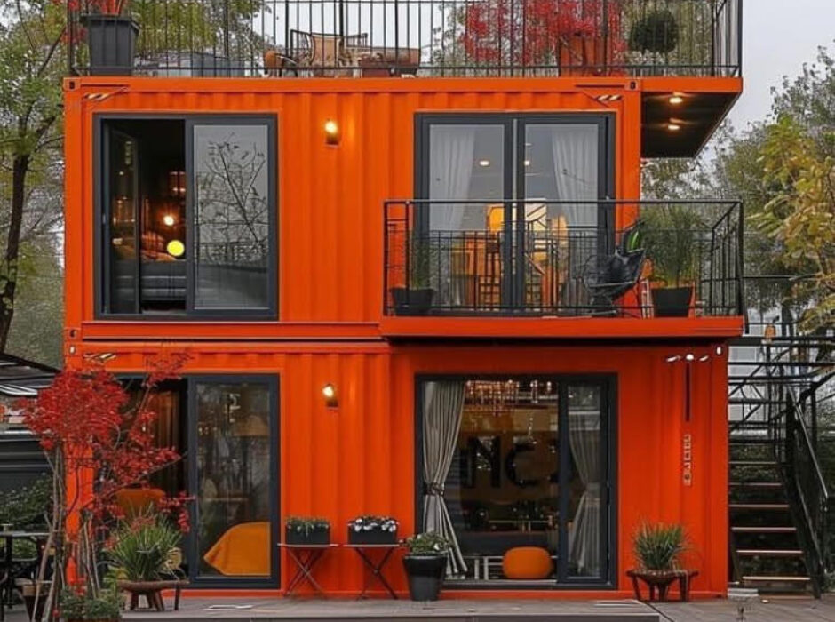 A red container house with two levels and balcony.