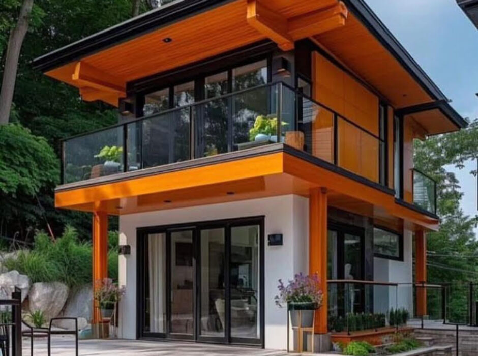 A house with a glass balcony and steps leading to the front door.