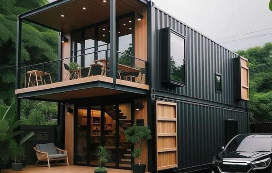 A black container house with a car parked in front of it.