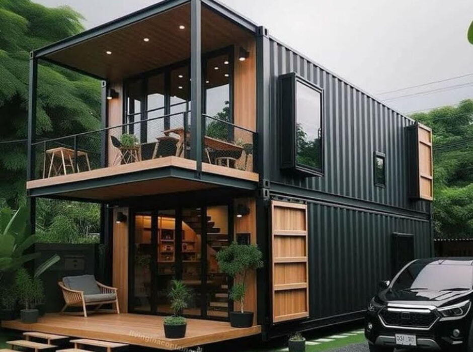 A black container house with a car parked in front of it.