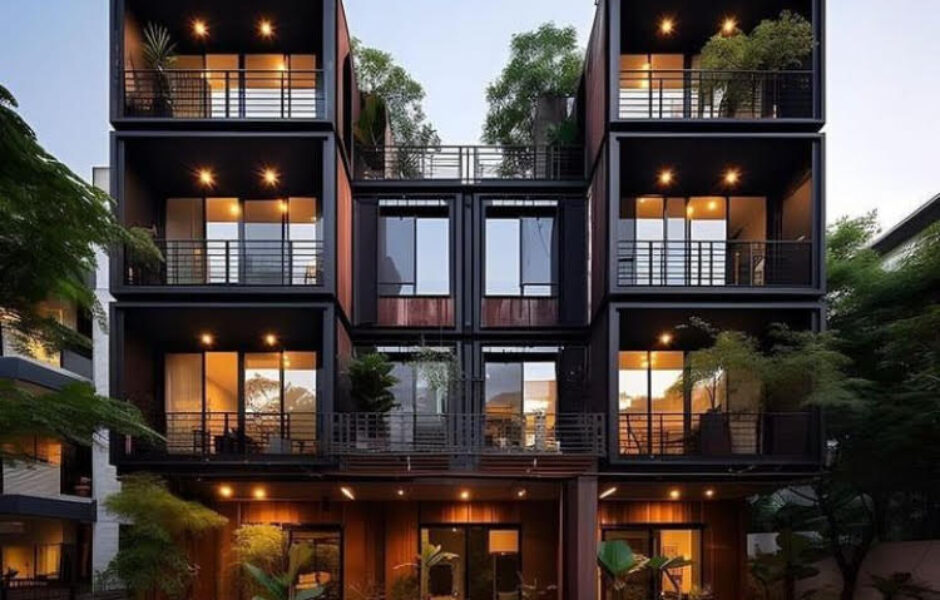 A building that has many windows and balconies.