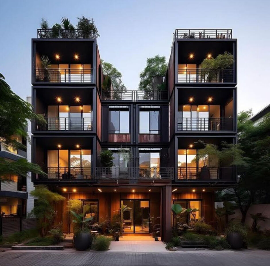 A building that has many windows and balconies.