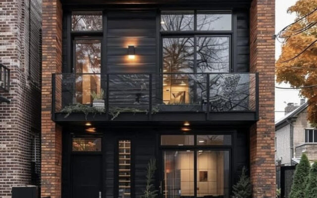 A black brick house with a balcony and a glass door.