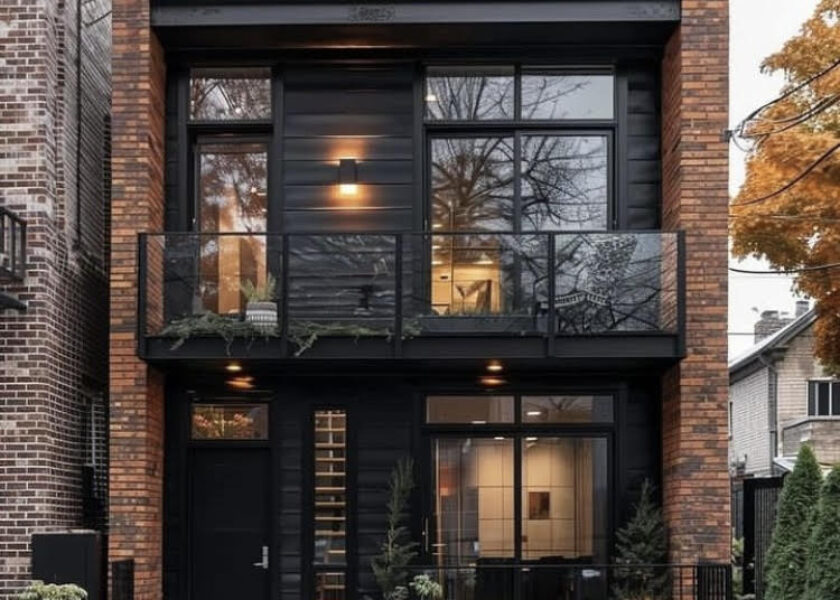 A black brick house with a balcony and a glass door.