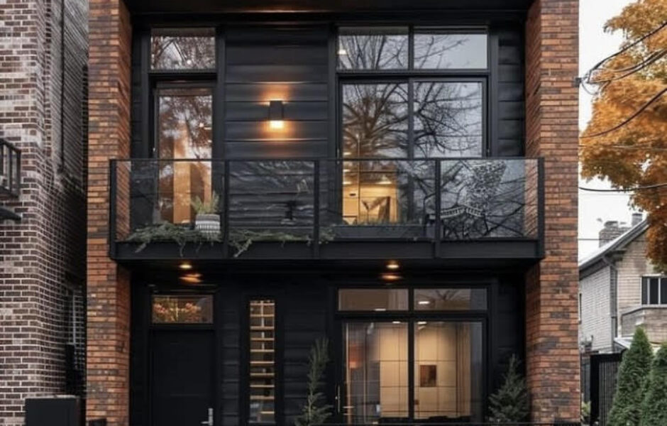 A black brick house with a balcony and a glass door.