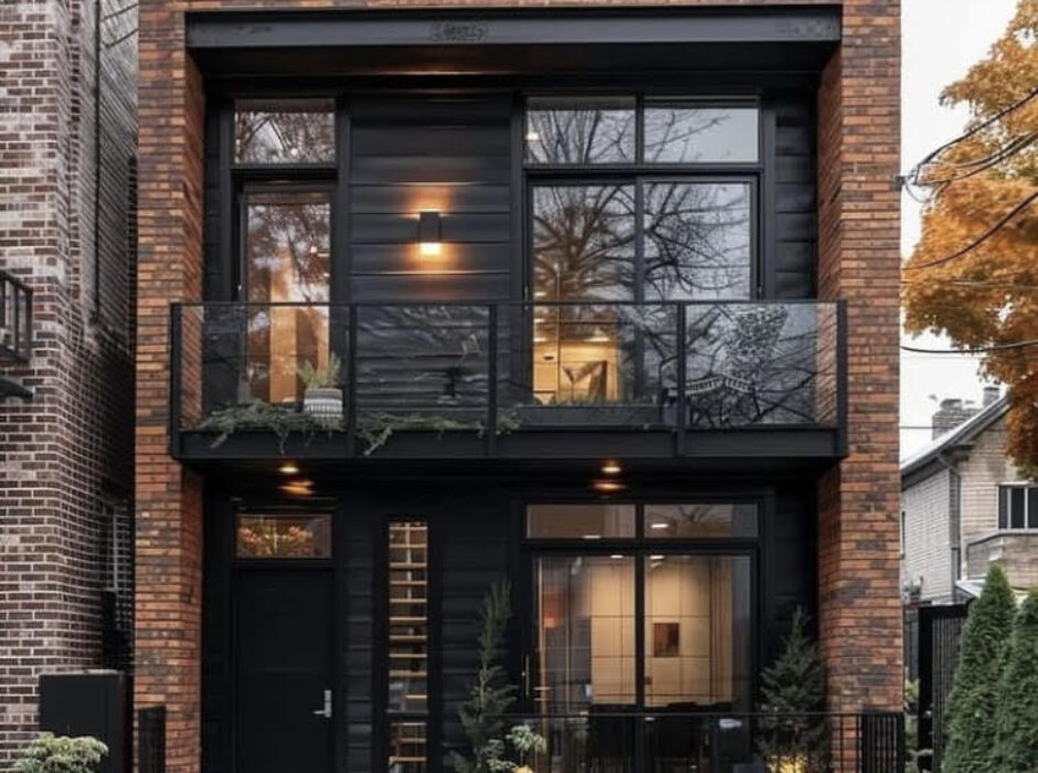 A black brick house with a balcony and a glass door.