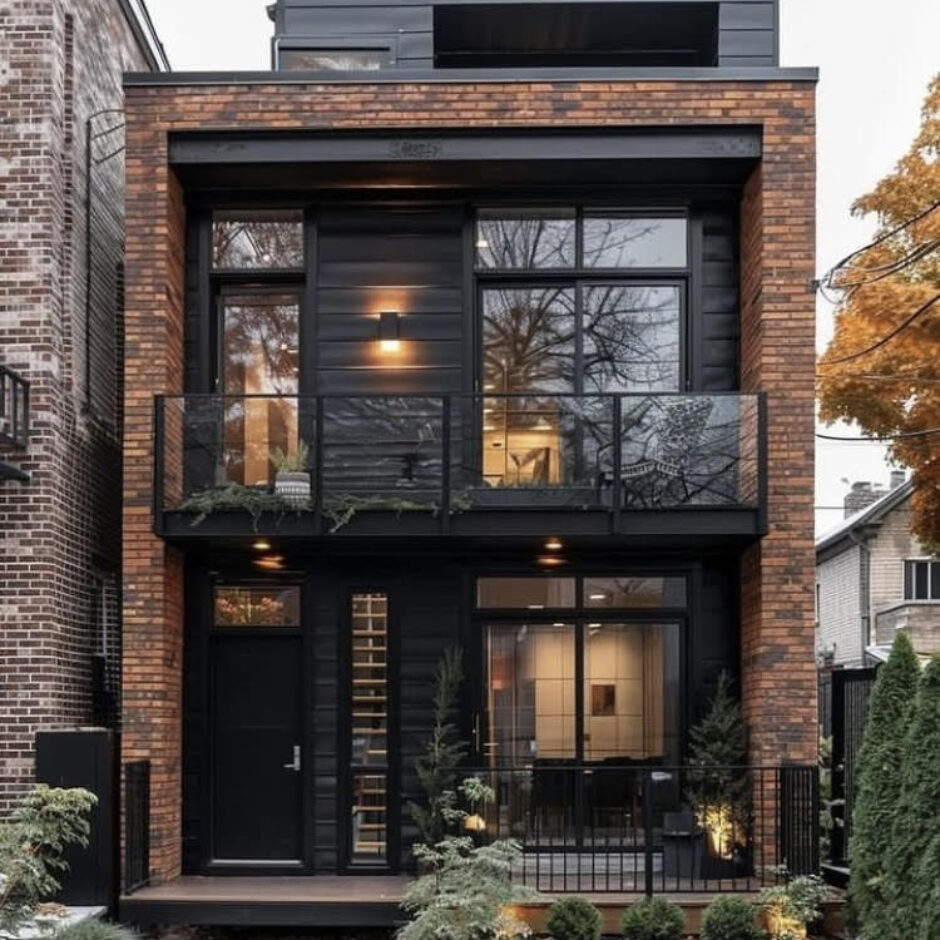 A black brick house with a balcony and a glass door.