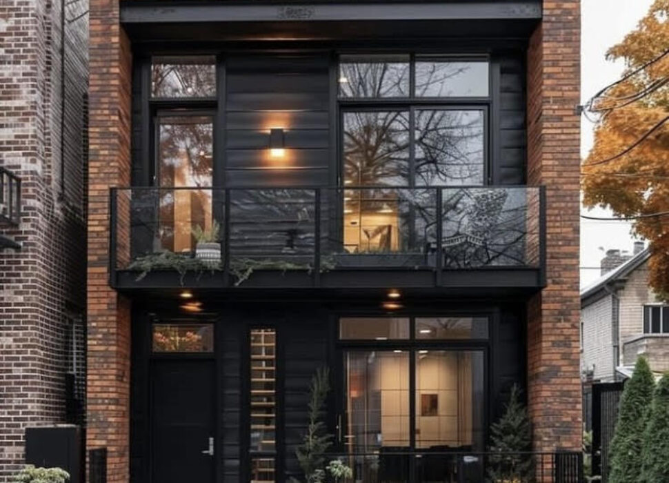 A black brick house with a balcony and a glass door.