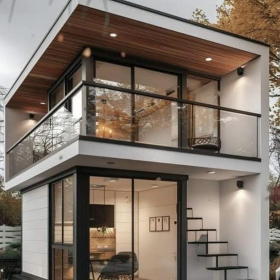 A small house with stairs and balcony in the middle