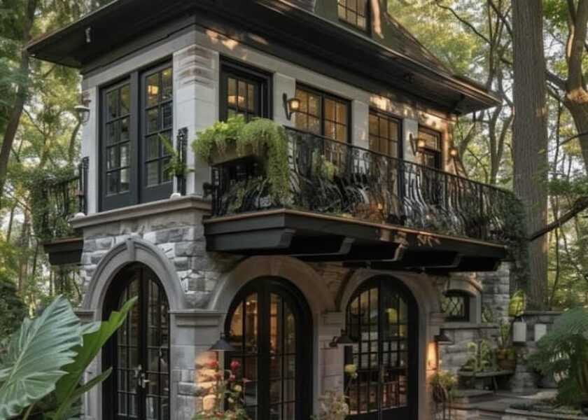 A house with stairs and balcony in the middle of trees.