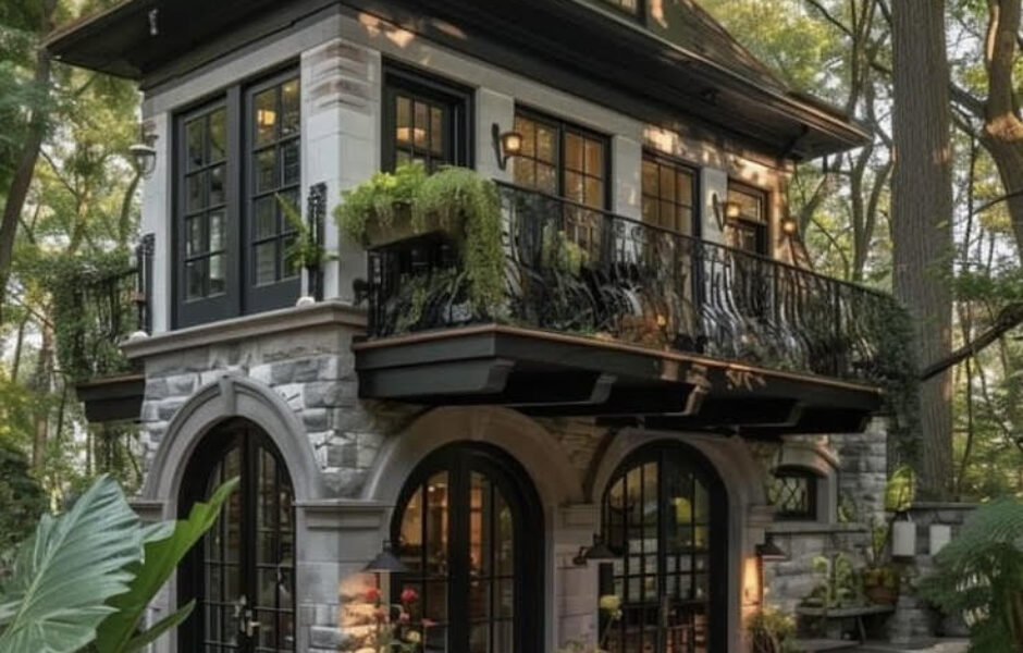 A house with stairs and balcony in the middle of trees.